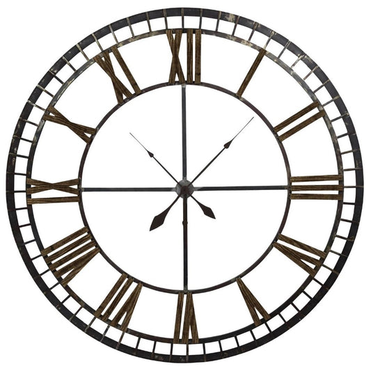 Large metal clock with Roman numerals and spade hands.