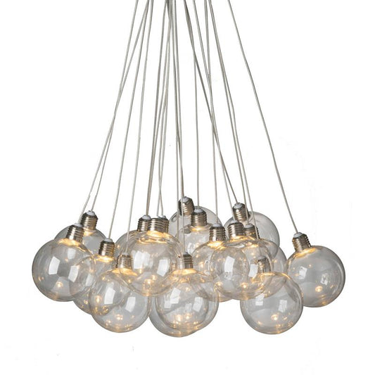 Cluster of hanging, lit spherical bulbs on white cords.
