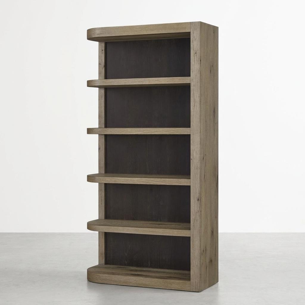 Wooden bookshelf with five shelves and rounded edges.