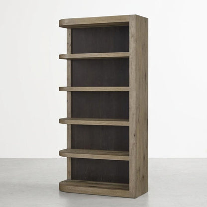 Wooden bookshelf with five shelves and rounded edges.