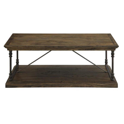 Wooden coffee table with metal supports and lower shelf.