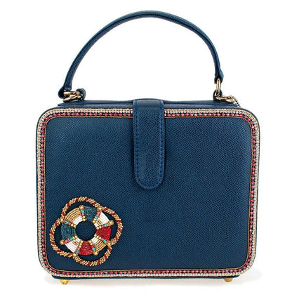 Blue handbag with colorful beaded border and floral embellishment.