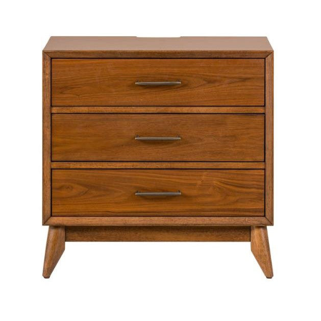 Wooden dresser with three drawers and simple metal handles.