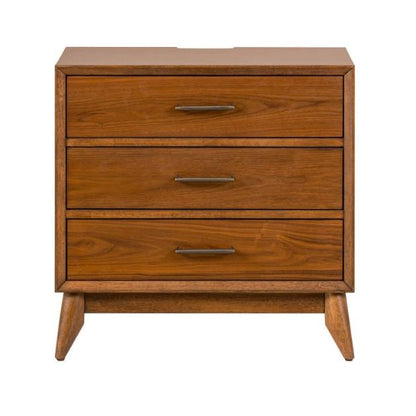 Wooden dresser with three drawers and simple metal handles.