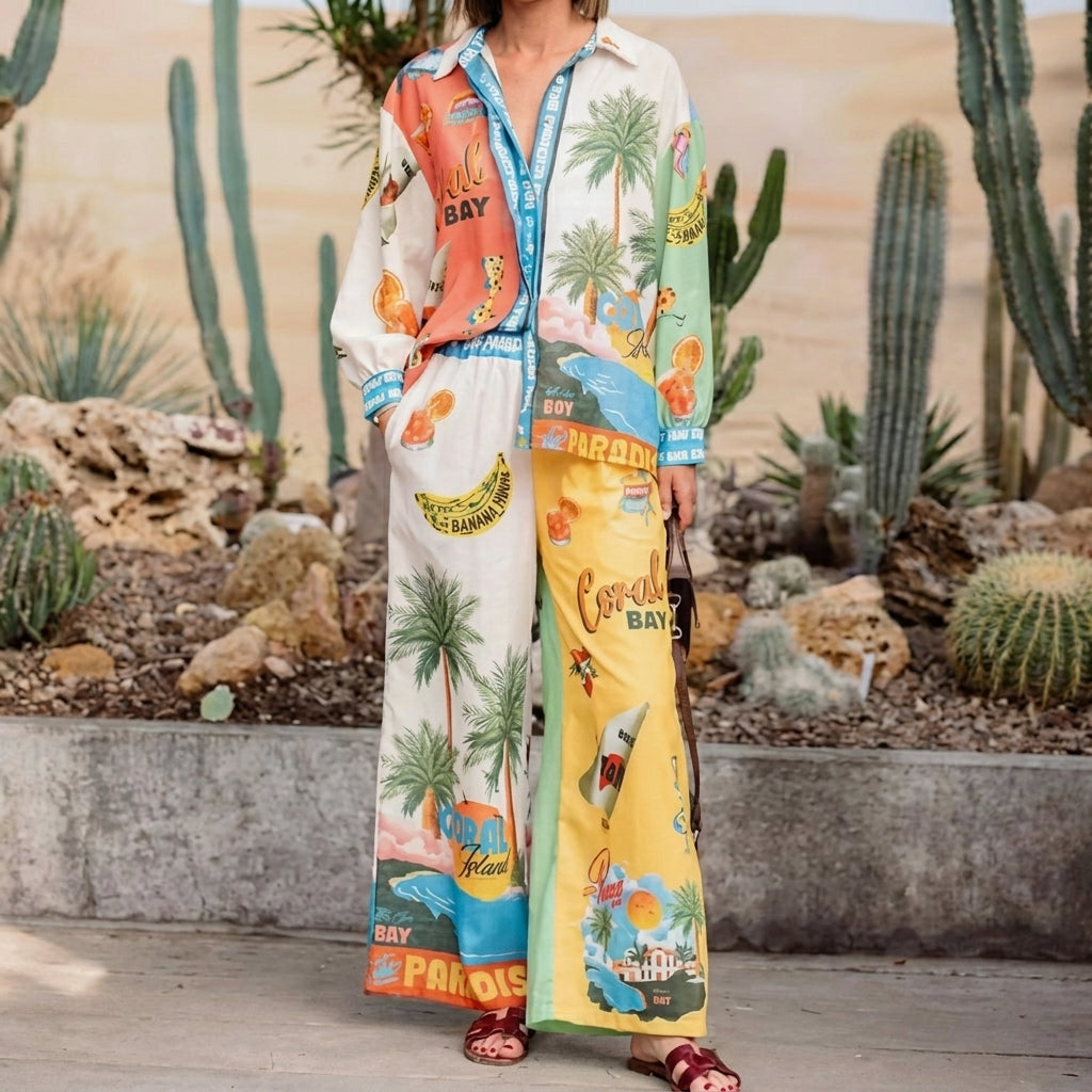 Colorful tropical outfit with a desert cactus background.