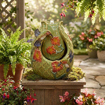 Colorful hummingbird fountain surrounded by vibrant garden flowers.