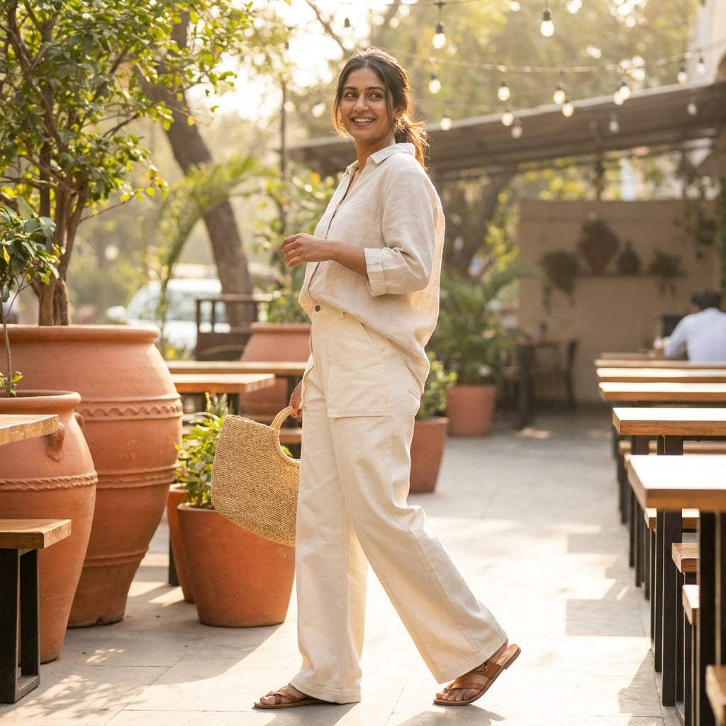 Person in light outfit smiling outdoors with plants and string lights.