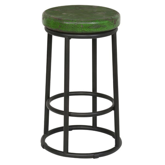Green wooden stool with a metal frame.