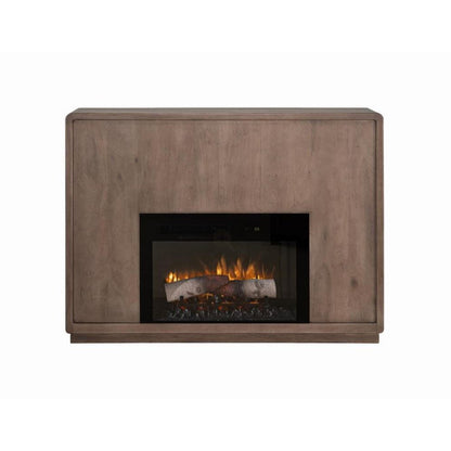 Modern electric fireplace with a wooden frame and flickering flames.