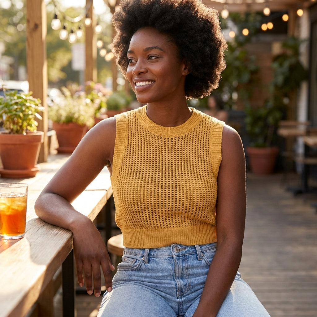 Smiling woman in yellow tank top enjoying outdoor cafe.