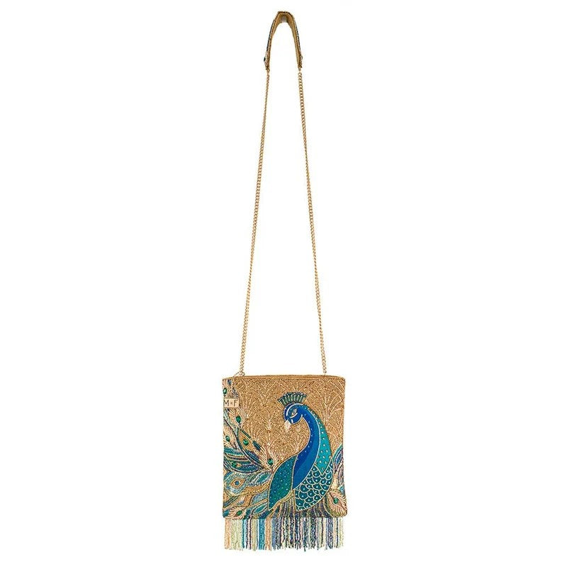 Beaded bag with peacock design and fringes, gold chain strap.