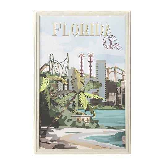 Vintage Florida poster with palm trees, skyline, and theme park rides.