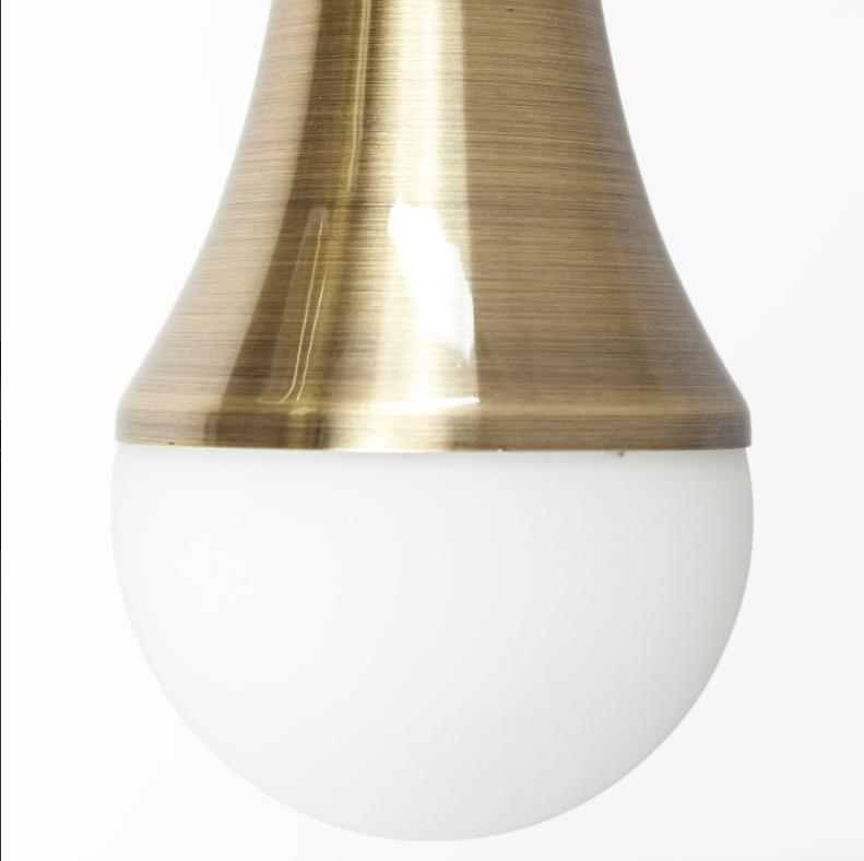 A close-up of a brass and white light bulb against a white background.