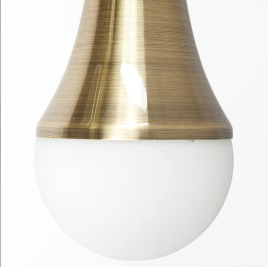 A close-up of a brass and white light bulb against a white background.