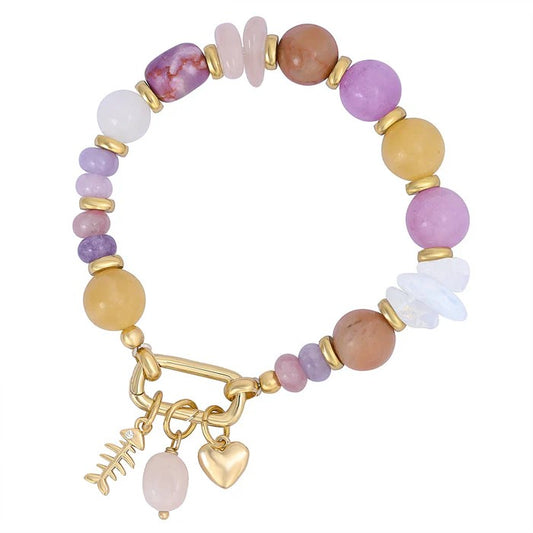 Colorful beaded bracelet with gold charms and a clasp.