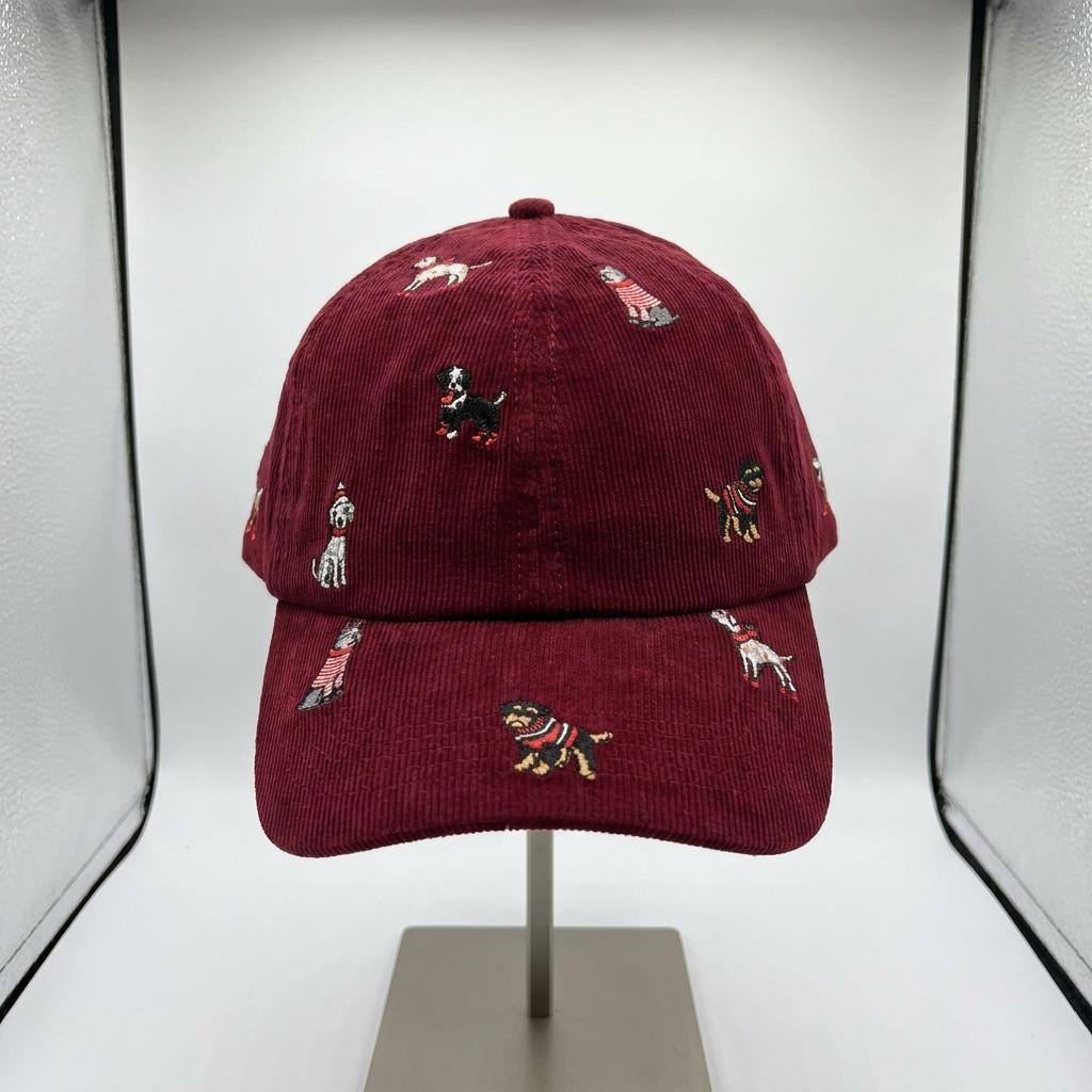 A burgundy corduroy cap embroidered with playful dogs, displayed on a stand.