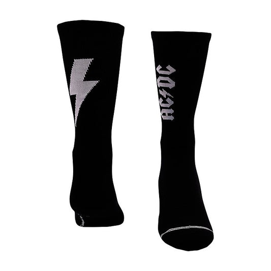 Black socks with a lightning bolt and AC/DC logo.