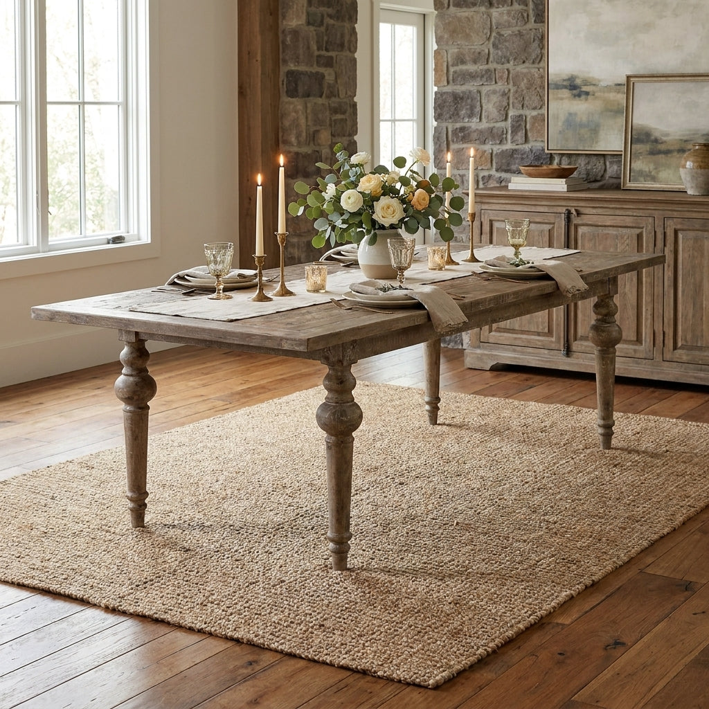 Rustic wooden dining table with turned legs.