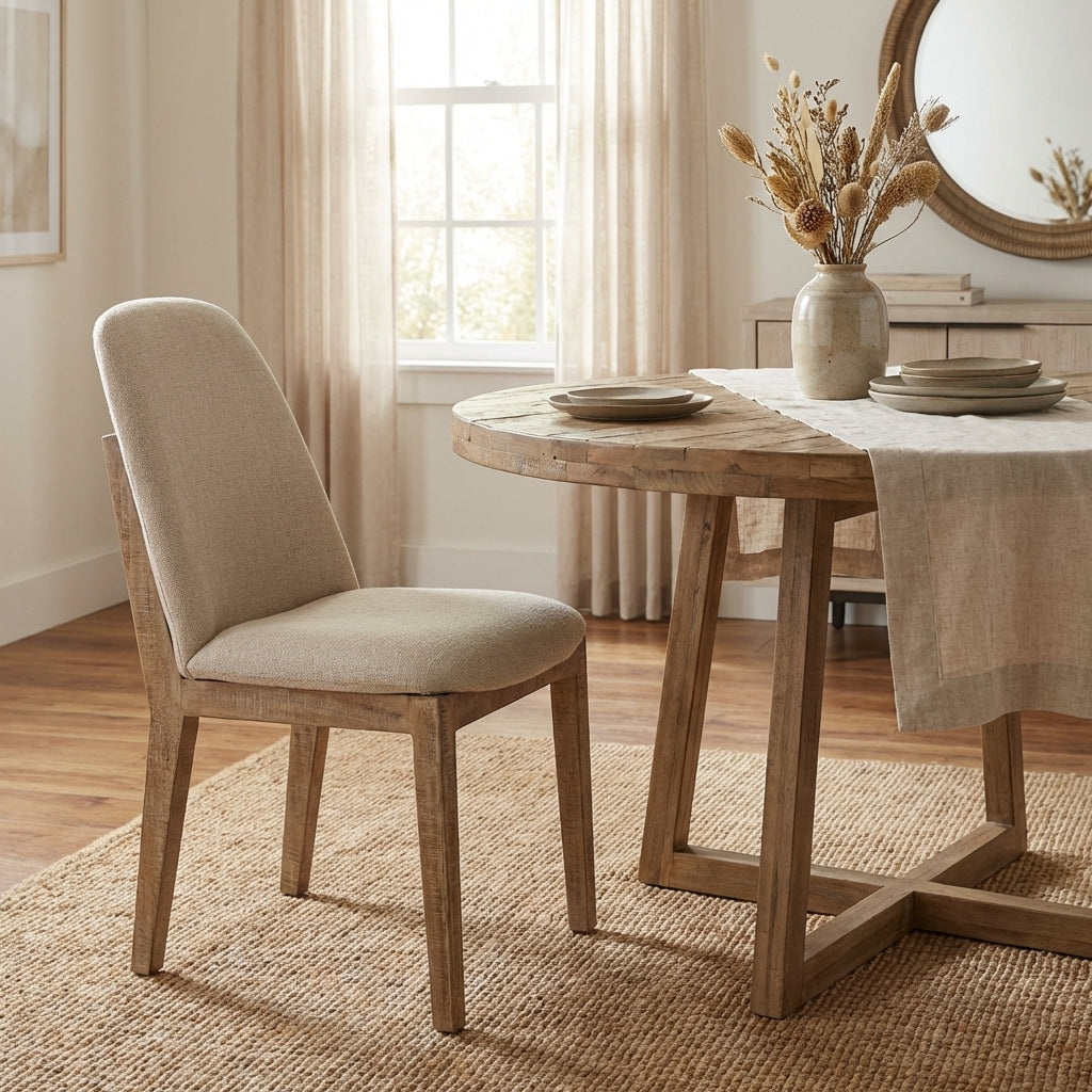 Modern beige upholstered chair with wooden legs.