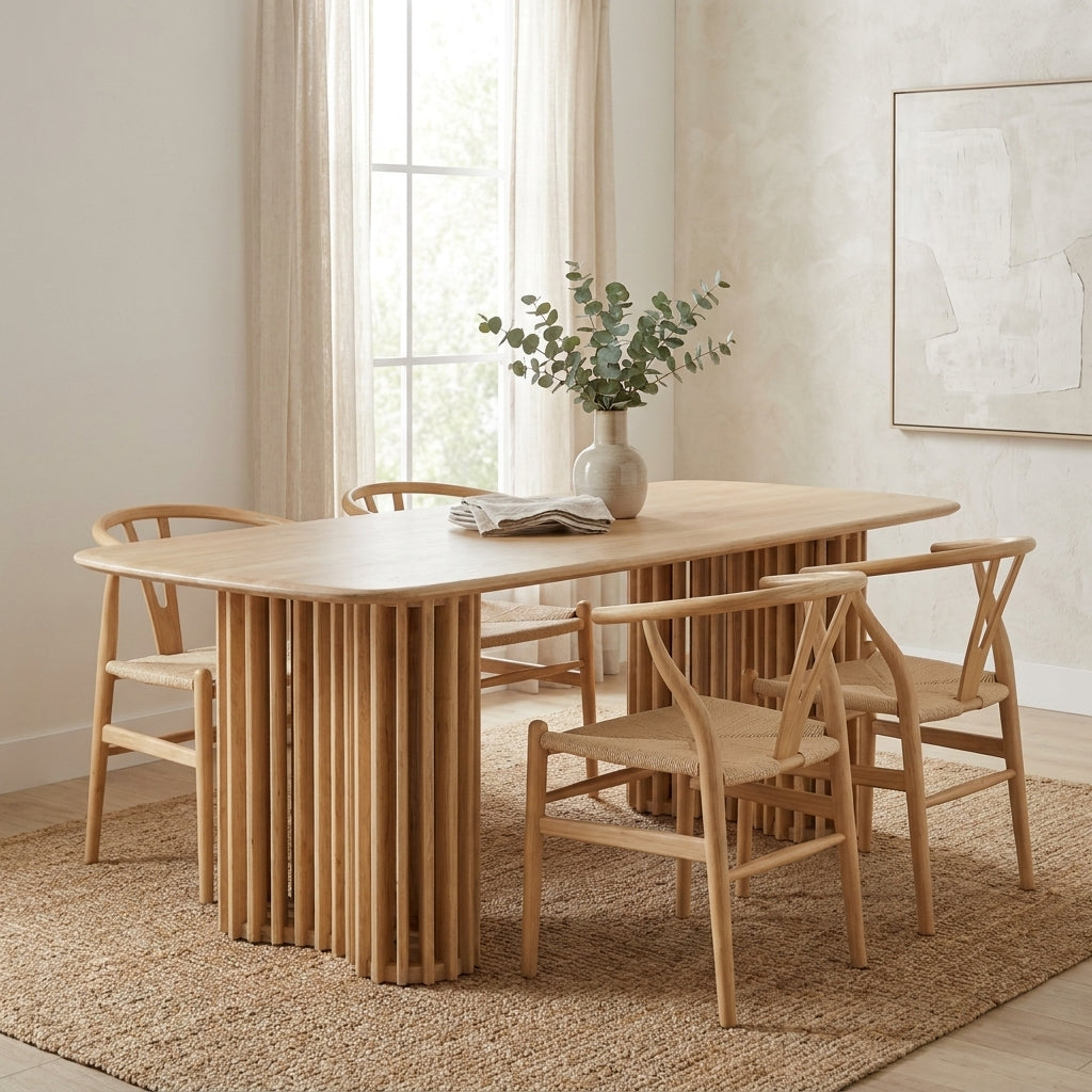 Wooden table with unique slatted base design.