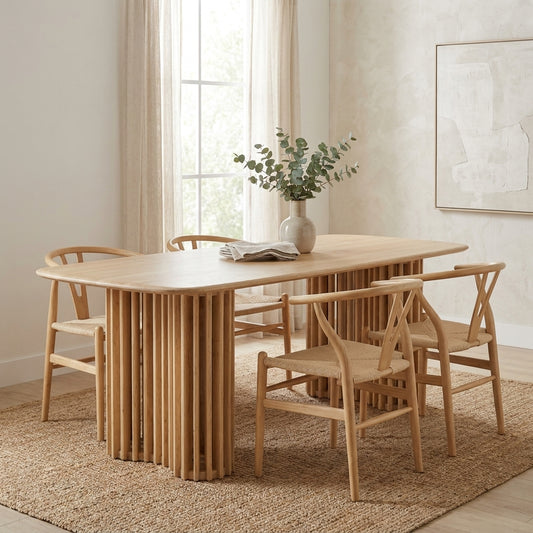 Wooden table with unique slatted base design.