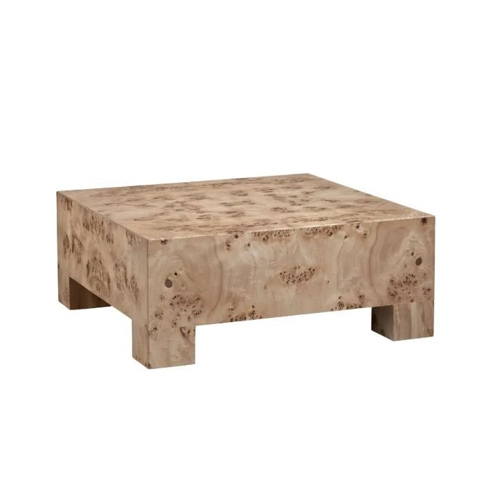 Square wooden coffee table with a natural finish.