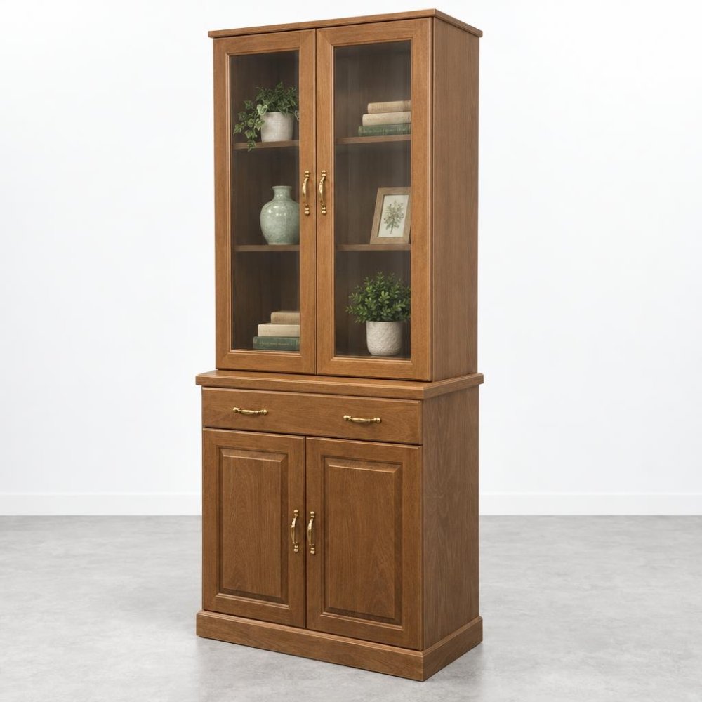 A wooden hutch with glass-front shelves, a drawer, and lower cabinets.