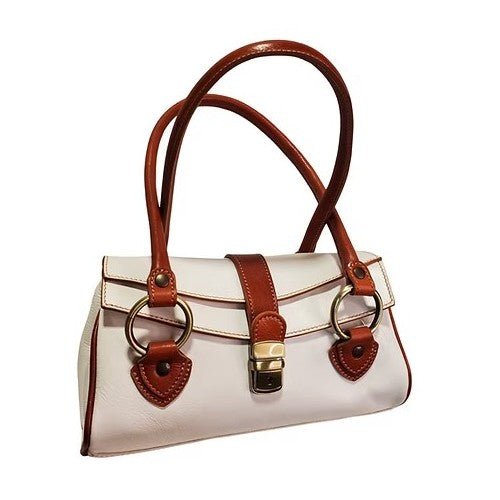 White handbag with brown handles and buckle accents.