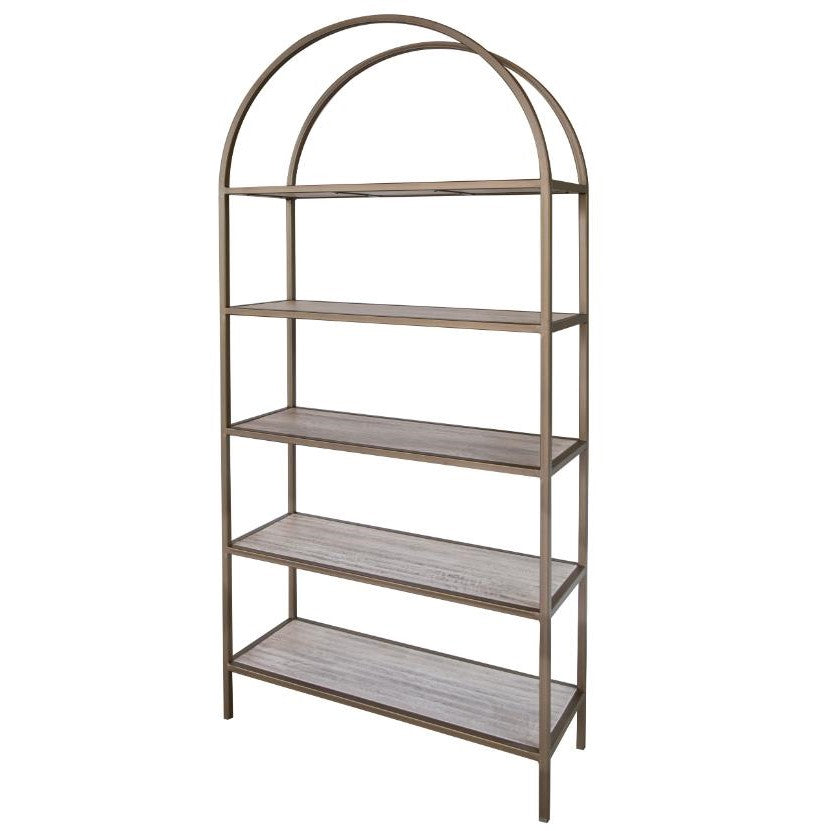 Arched metal-framed bookshelf with five wooden shelves.