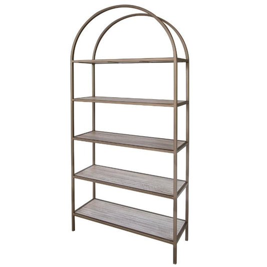 Arched metal-framed bookshelf with five wooden shelves.