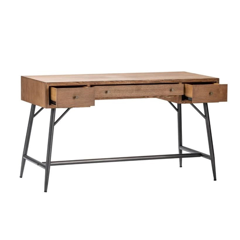 Wooden desk with metal legs, featuring three open drawers.