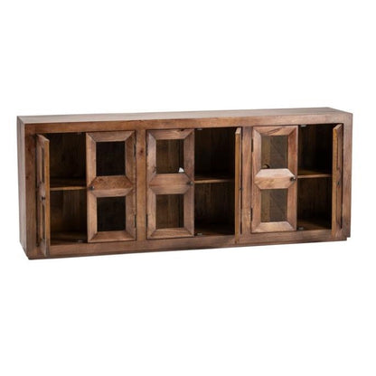 Wooden cabinet with four geometric glass doors, open to show interior shelves.
