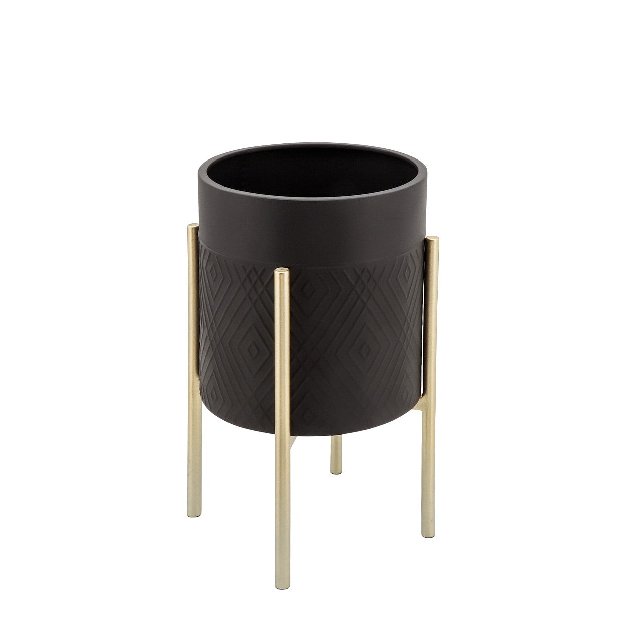 Picture of Diamond Pattern Black Planter on Gold Stand, Small