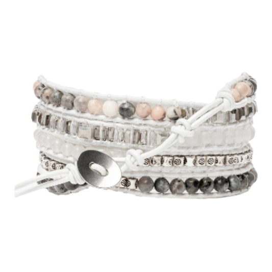 Boho-style wrap bracelet with white and gray beads.
