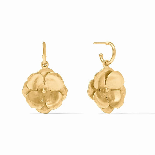 Pair of gold flower-shaped earrings displayed against a white background.
