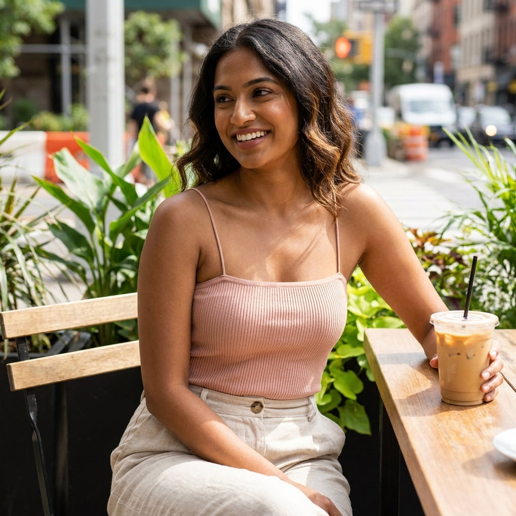 Smiling woman with iced coffee at outdoor café on sunny day.