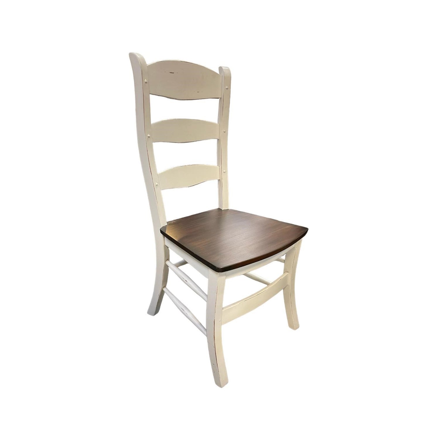 Wooden chair with white frame and dark seat.