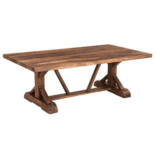 Rustic wooden table with a sturdy base and rectangular top.