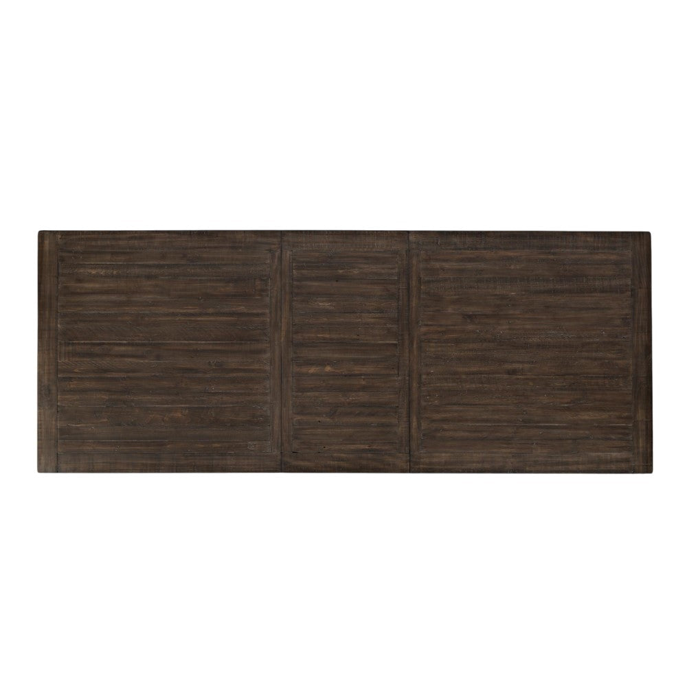 Dark wooden table top with a rustic, plank-style design.