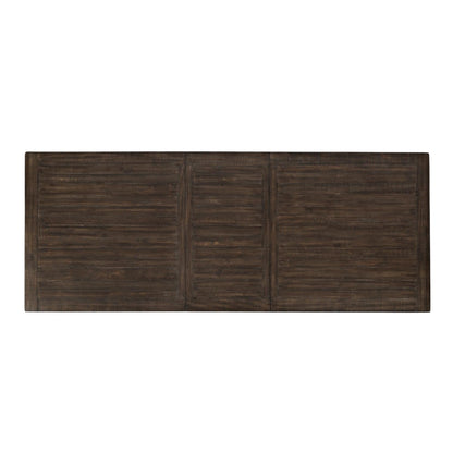 Dark wooden table top with a rustic, plank-style design.