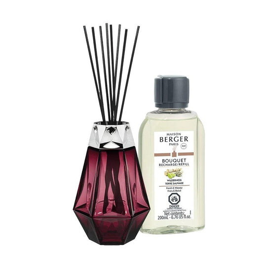 A maroon diffuser with black sticks, next to a Maison Berger fragrance refill bottle.