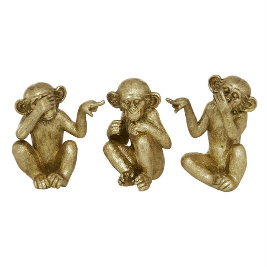 Three gold monkeys in hear no evil, see no evil, speak no evil poses.