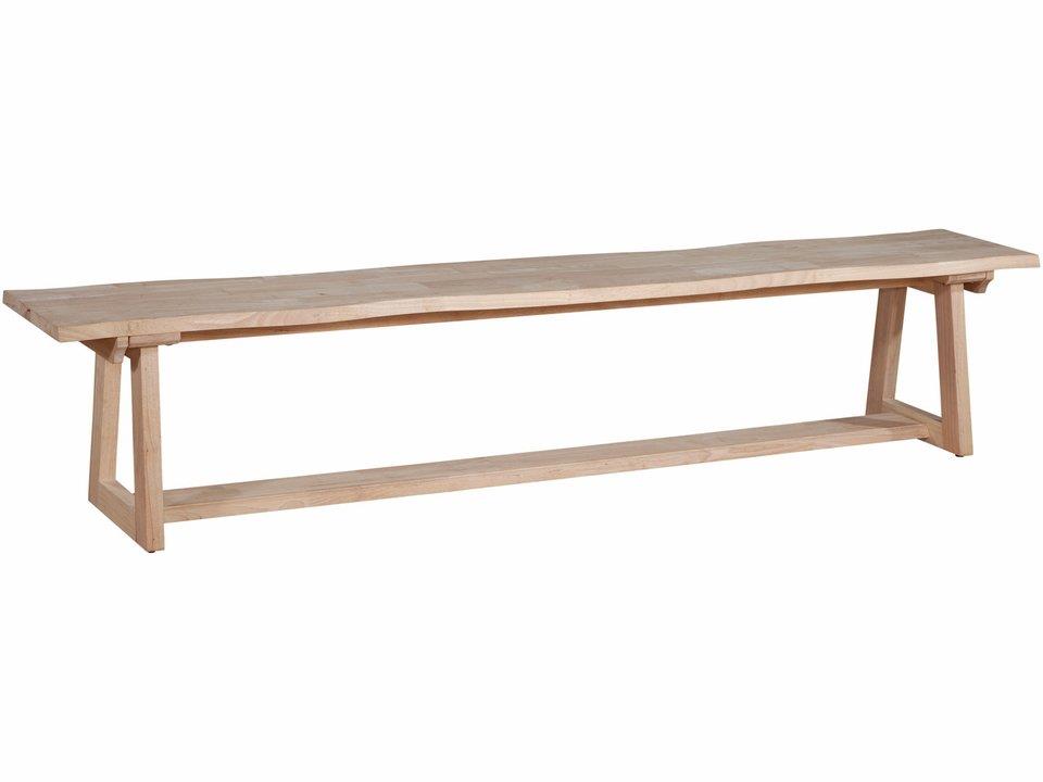 Long wooden bench with minimalist design.