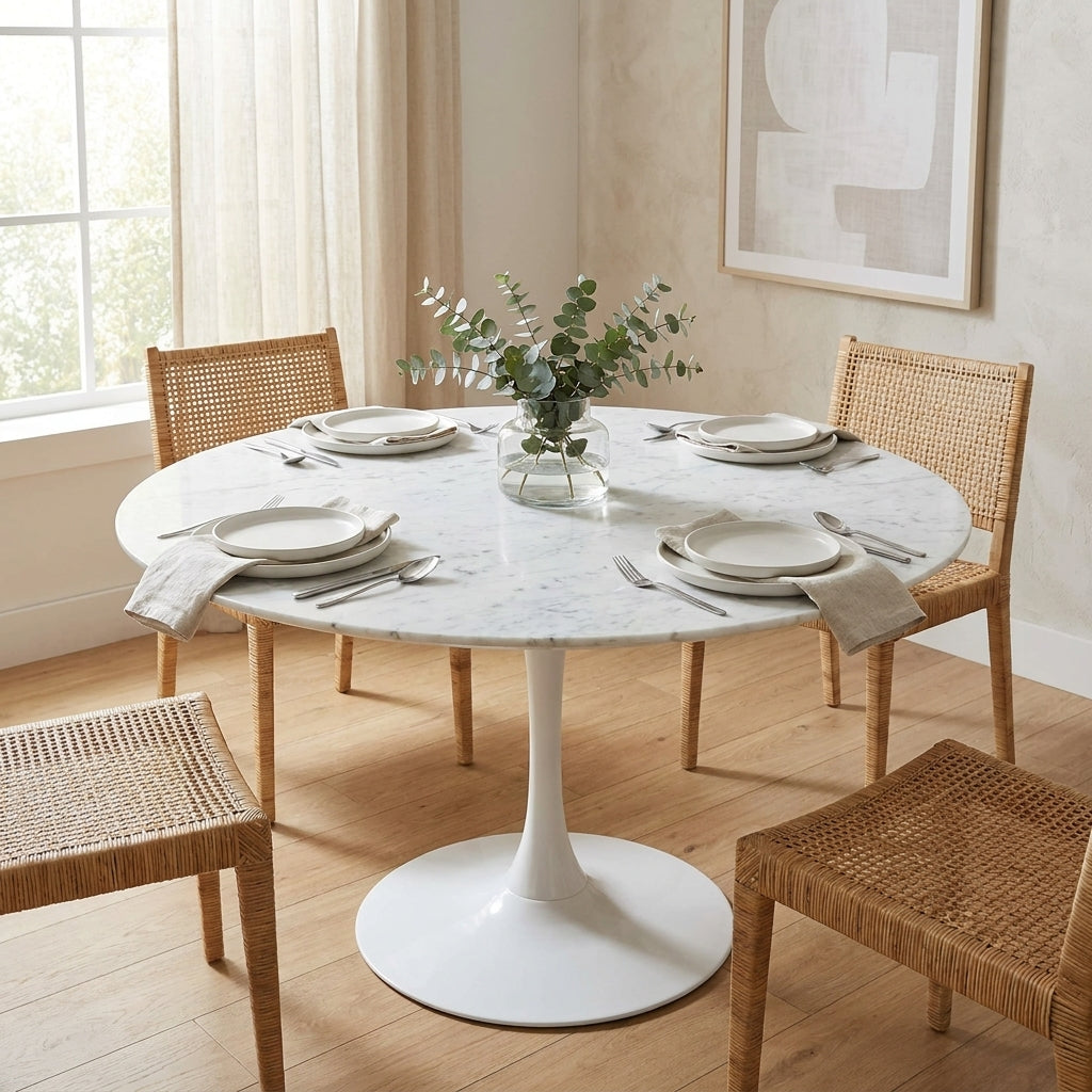 Round white pedestal table with a marble top.