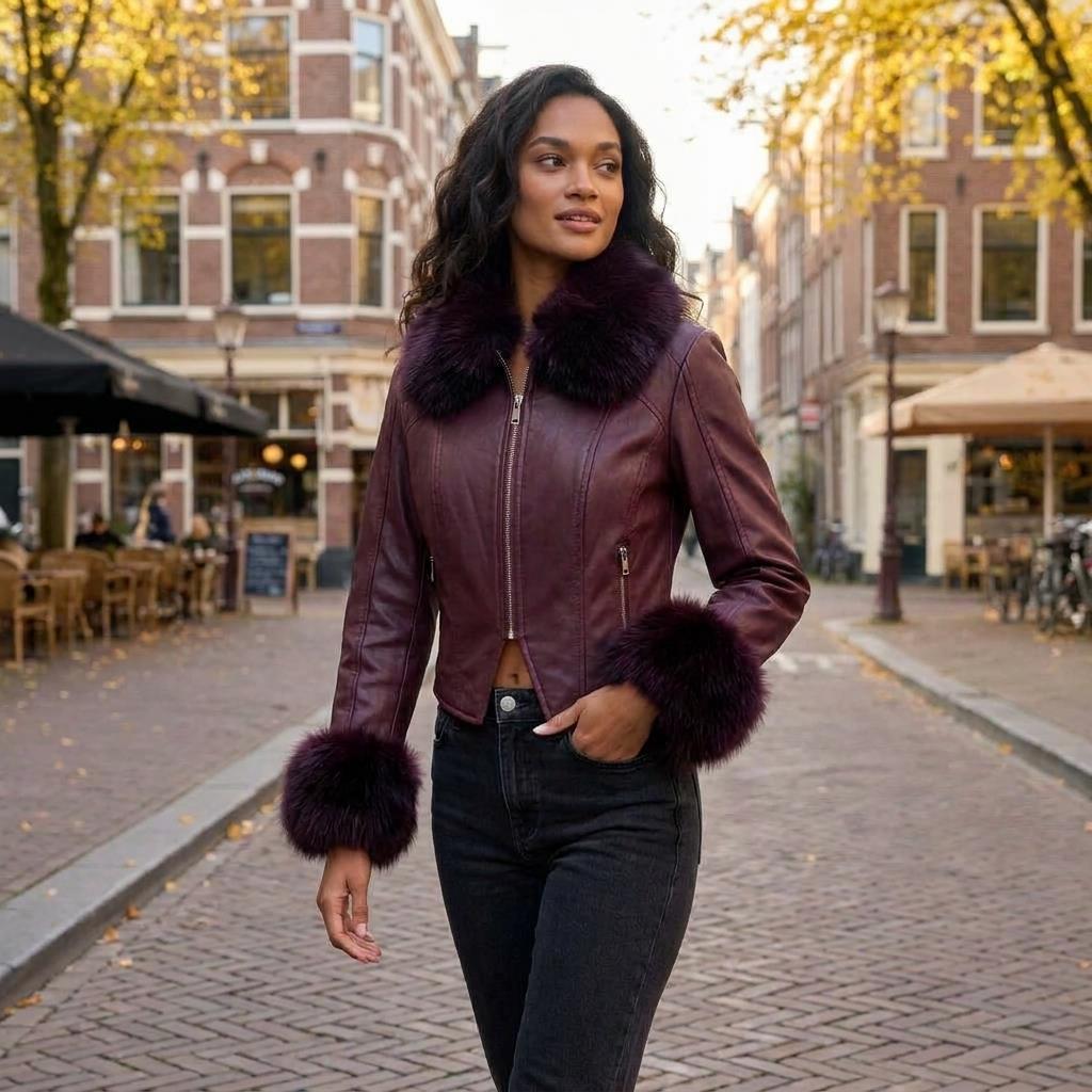 A woman models a burgundy leather jacket with plush fur trim on an autumn city street.