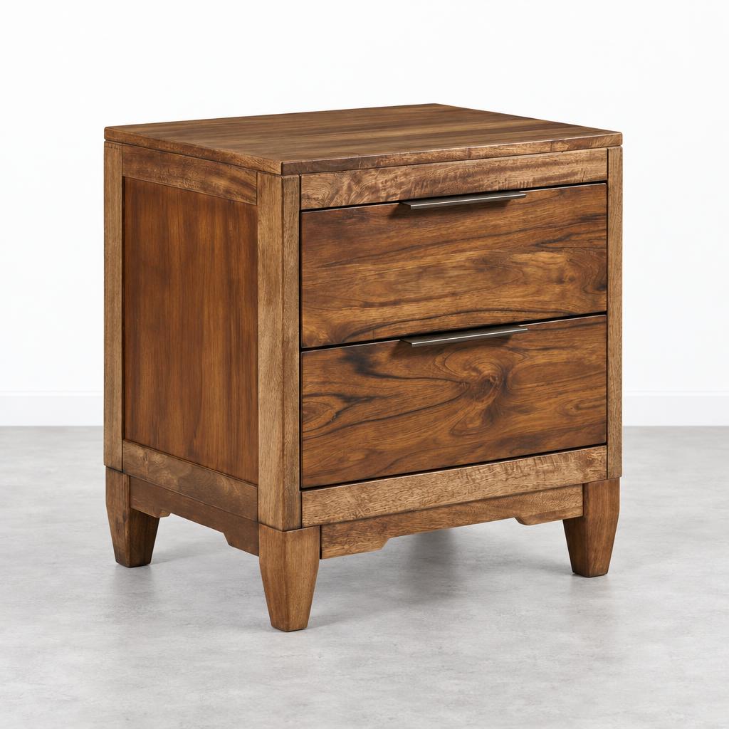 Wooden two-drawer nightstand with metal handles.