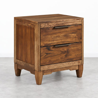 Wooden two-drawer nightstand with metal handles.