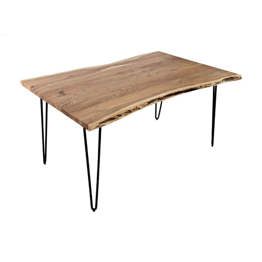 Wood table with metal legs, featuring a natural edge design.