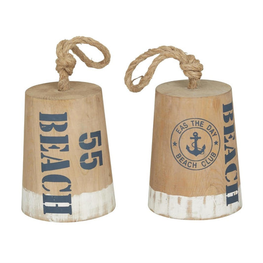 Two wooden nautical buoys with rope handles and beach-themed text.
