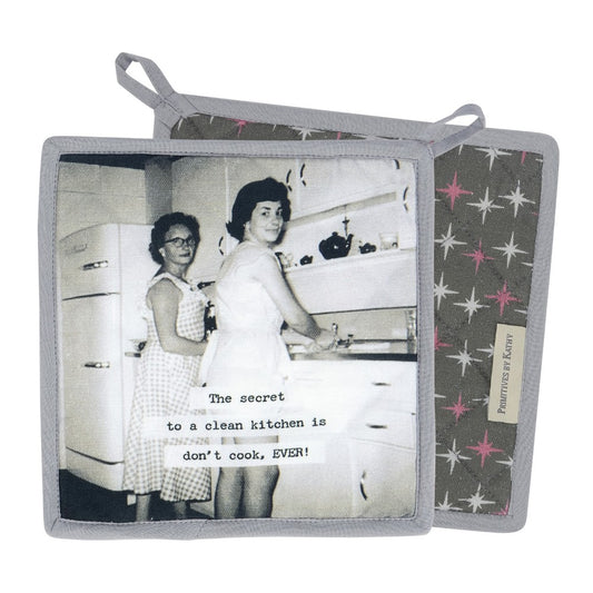 Black-and-white kitchen scene with humorous cooking quote.